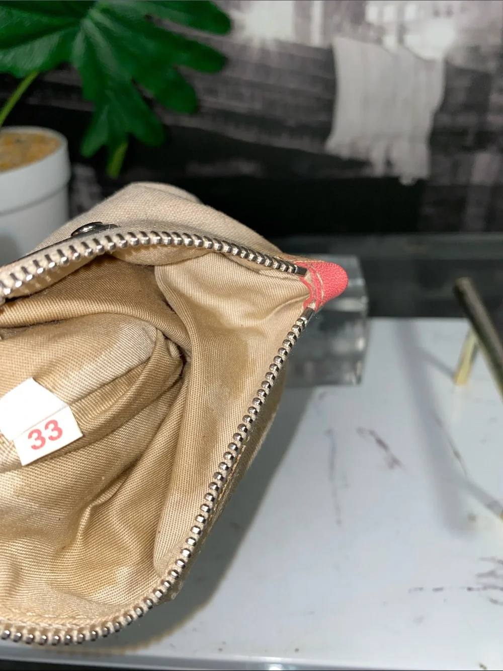 Authentic Miu Miu Beige Linen Pouch with Coral Trim